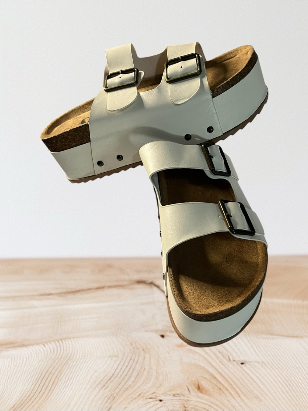 SHEIN Platform Double Strap Buckle Sandals with Cork Sole-White
